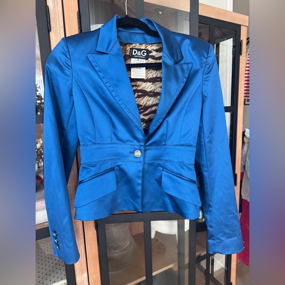 Vintage 1970s Dolce & Gabbana tailored blazer jacket satin cobalt buttons silky